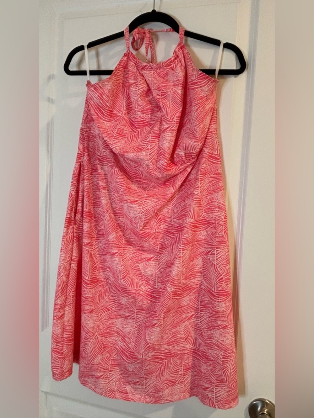 Women’s Backless Halter Dress in Coral Leaf Print